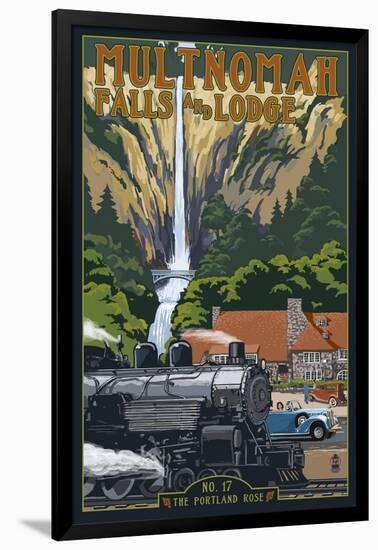 Multnomah Falls - Train and Cars-Lantern Press-Framed Art Print