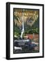 Multnomah Falls - Train and Cars-Lantern Press-Framed Art Print