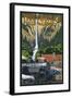 Multnomah Falls - Train and Cars-Lantern Press-Framed Art Print