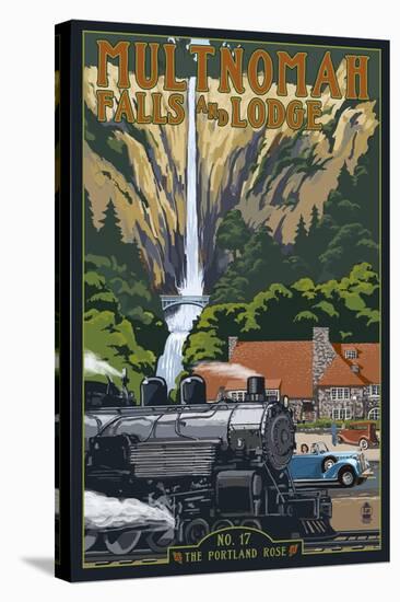 Multnomah Falls - Train and Cars-Lantern Press-Stretched Canvas