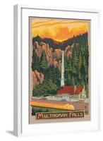 Multnomah Falls View with Train, c.2009-Lantern Press-Framed Art Print