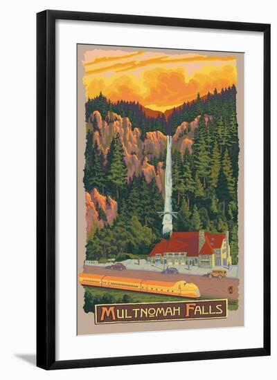 Multnomah Falls View with Train, c.2009-Lantern Press-Framed Art Print