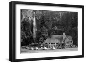 Multnomah Lodge and Falls Photograph - Columbia River, OR-Lantern Press-Framed Art Print