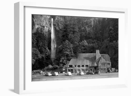 Multnomah Lodge and Falls Photograph - Columbia River, OR-Lantern Press-Framed Art Print