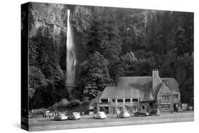 Multnomah Lodge and Falls Photograph - Columbia River, OR-Lantern Press-Stretched Canvas