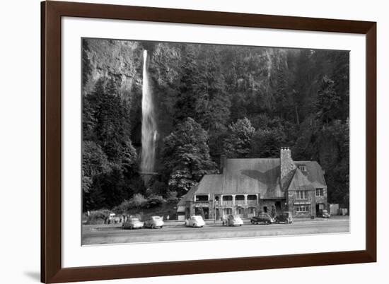 Multnomah Lodge and Falls Photograph - Columbia River, OR-Lantern Press-Framed Premium Giclee Print