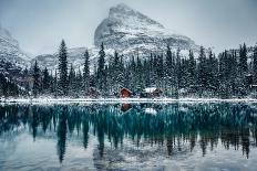 Wooden Lodge in Pine Forest with Heavy Snow Reflection on Lake O'hara at Yoho National Park-Mumemories-Photographic Print