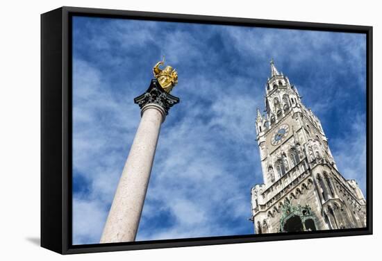 Munich, Bavaria, Germany, Mariens?ule (Column) with Town Hall Tower-Bernd Wittelsbach-Framed Stretched Canvas