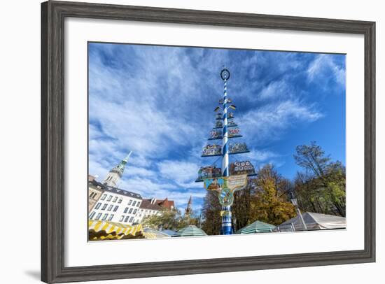 Munich, Bavaria, Germany, Maypole at the Viktualienmarkt (Food Market) in Autumn-Bernd Wittelsbach-Framed Photographic Print