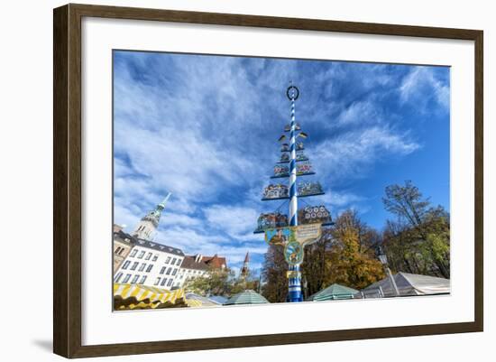 Munich, Bavaria, Germany, Maypole at the Viktualienmarkt (Food Market) in Autumn-Bernd Wittelsbach-Framed Photographic Print