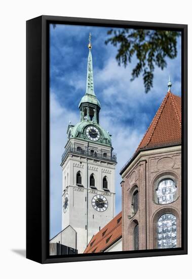 Munich, Bavaria, Germany, View to St. Peter's Church from the Viktualienmarkt (Food Market)-Bernd Wittelsbach-Framed Stretched Canvas