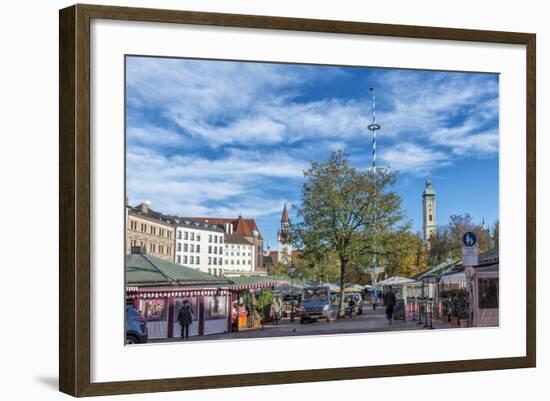 Munich, Bavaria, Germany, Viktualienmarkt (Food Market) with Maypole-Bernd Wittelsbach-Framed Photographic Print