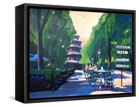 Munich Chinese Tower Beergarden with Signpost-Markus Bleichner-Framed Stretched Canvas