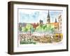 Munich Market Scene with Trees and Church-Markus Bleichner-Framed Art Print