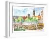 Munich Market Scene with Trees and Church-Markus Bleichner-Framed Art Print