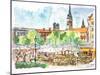 Munich Market Scene with Trees and Church-Markus Bleichner-Mounted Art Print