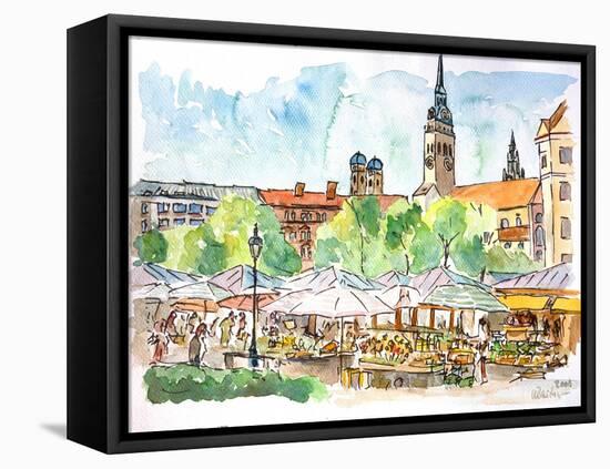 Munich Market Scene with Trees and Church-Markus Bleichner-Framed Stretched Canvas