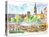 Munich Market Scene with Trees and Church-Markus Bleichner-Stretched Canvas