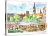 Munich Market Scene with Trees and Church-Markus Bleichner-Stretched Canvas