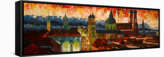 Munich with Alps at dusk-Markus Bleichner-Framed Stretched Canvas