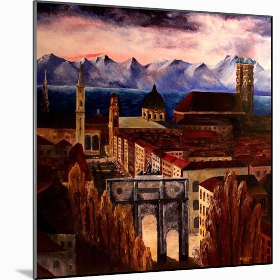 Munich with Leopoldstreet, Siegestor and Alps-Markus Bleichner-Mounted Art Print