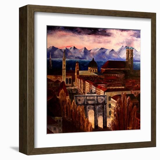 Munich with Leopoldstreet, Siegestor and Alps-Markus Bleichner-Framed Art Print