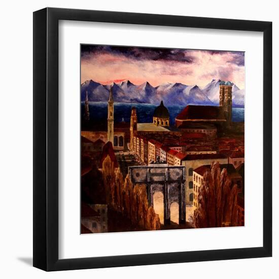 Munich with Leopoldstreet, Siegestor and Alps-Markus Bleichner-Framed Art Print