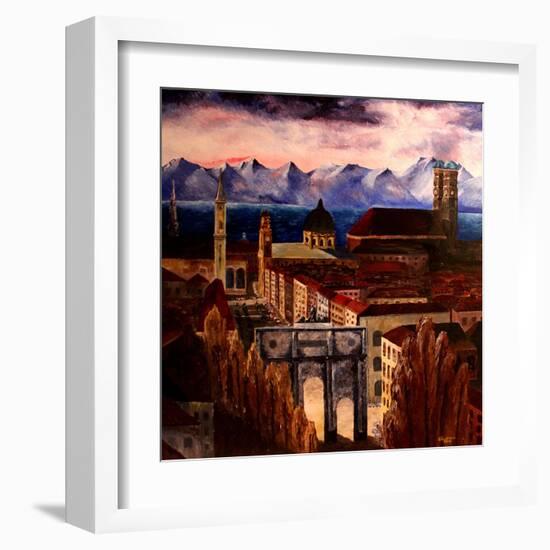 Munich with Leopoldstreet, Siegestor and Alps-Markus Bleichner-Framed Art Print