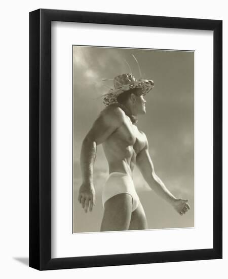 Muscle Man in Jockey Shorts and Straw Hat-null-Framed Art Print