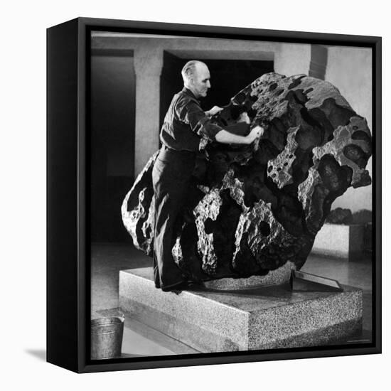 Museum Attendant Cleaning 14 Ton Willmette Meteorite, the Largest Found in the US-Jack Birns-Framed Stretched Canvas