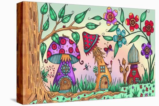 Mushroom Houses Coloured-Delyth Angharad-Stretched Canvas