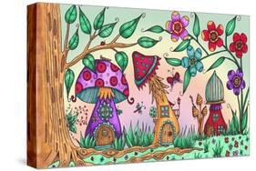 Mushroom Houses Coloured-Delyth Angharad-Stretched Canvas