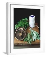Mushrooms, Fresh Herbs & Kitchen String on Chopping Board-Michael Paul-Framed Photographic Print