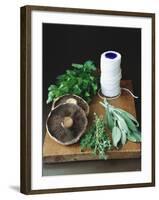 Mushrooms, Fresh Herbs & Kitchen String on Chopping Board-Michael Paul-Framed Photographic Print