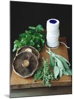 Mushrooms, Fresh Herbs & Kitchen String on Chopping Board-Michael Paul-Mounted Photographic Print