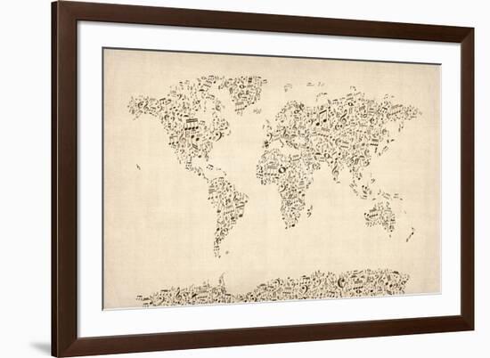 Music Notes Map of the World Map-Michael Tompsett-Framed Art Print