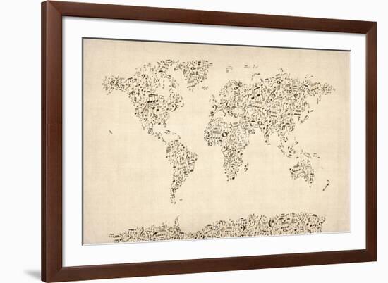 Music Notes Map of the World Map-Michael Tompsett-Framed Art Print