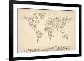 Music Notes Map of the World Map-Michael Tompsett-Framed Art Print