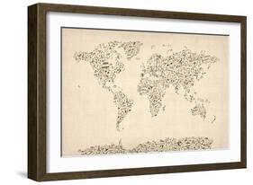 Music Notes Map of the World Map-Michael Tompsett-Framed Premium Giclee Print