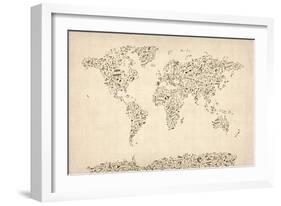 Music Notes Map of the World Map-Michael Tompsett-Framed Art Print