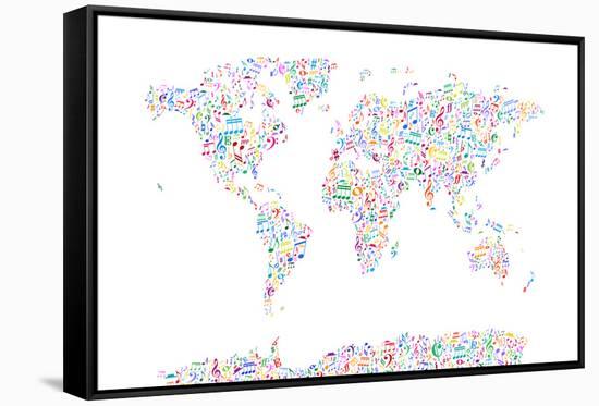 Music Notes Map of the World-Michael Tompsett-Framed Stretched Canvas