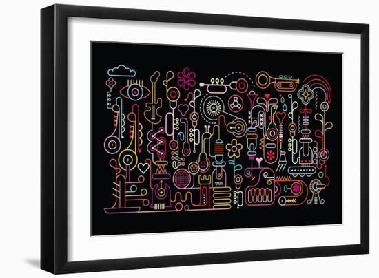 Music Shop Abstract Art Vector Illustration. Neon Light Silhouettes on Black Background.-danjazzia-Framed Art Print