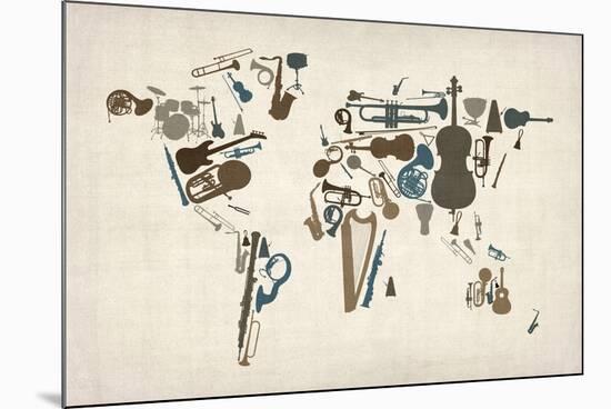 Musical Instruments Map of the World-Michael Tompsett-Mounted Art Print