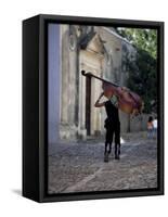 Musician Carrying Double Bass Along Cobbled Street to Plaza Mayor, Trinidad, Cuba-Lee Frost-Framed Stretched Canvas