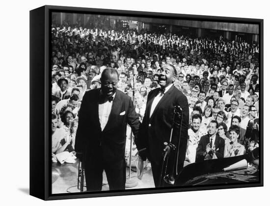 Musician Louis Armstrong and Tyree Glenn Performing "Hello Dolly" at the Steel Pier-John Loengard-Framed Stretched Canvas