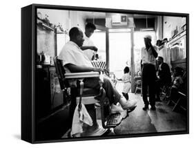 Musician Louis Armstrong in His Neighborhood Barber Shop-John Loengard-Framed Stretched Canvas