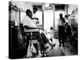 Musician Louis Armstrong in His Neighborhood Barber Shop-John Loengard-Stretched Canvas