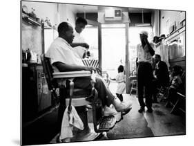 Musician Louis Armstrong in His Neighborhood Barber Shop-John Loengard-Mounted Premium Photographic Print