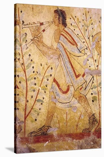 Musician Playing the Pipes, from the Tomb of the Leopard, circa 490 BC (Wall Painting)-null-Stretched Canvas