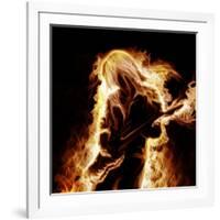 Musician With An Electronic Guitar Enveloped In Flames On A Black Background-Sergey Nivens-Framed Art Print